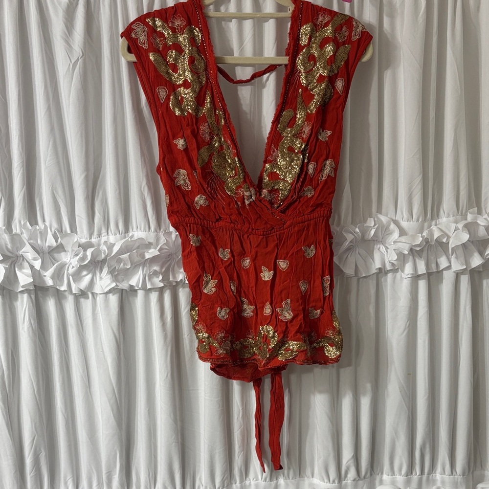 Free People Red and Gold Embellished Blouse